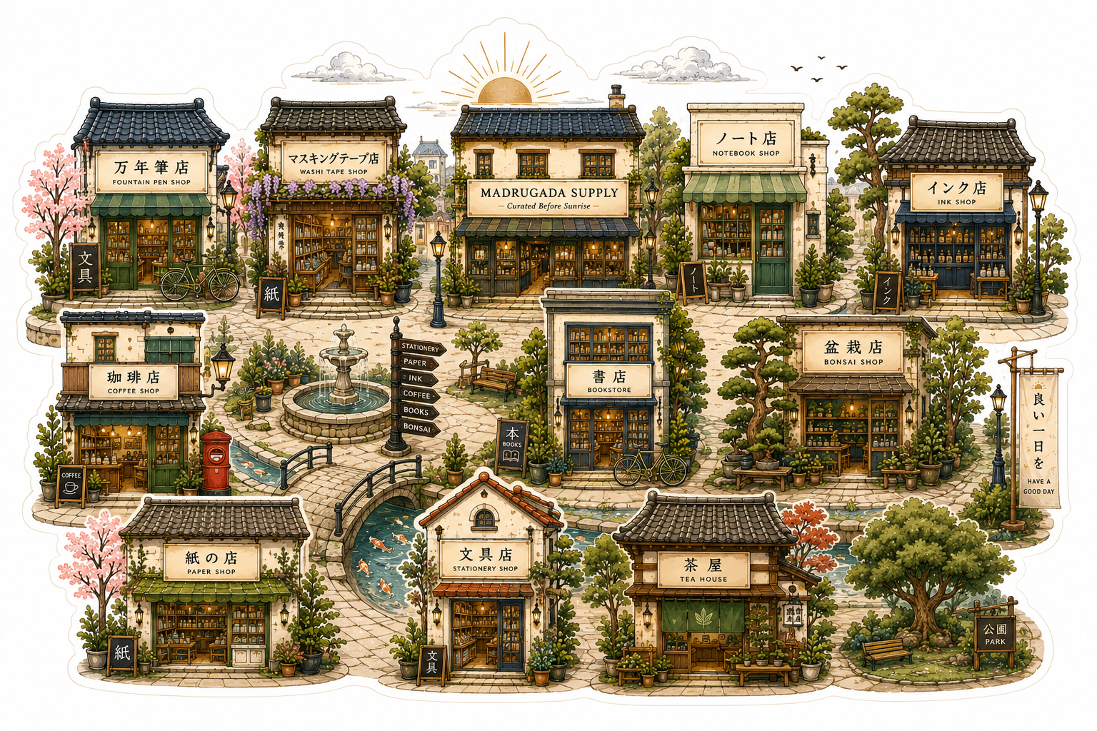 Madrugada Village map showing all the shops — Fountain Pen Shop, Washi Tape Shop, Notebook Shop, Ink Shop, Coffee Shop, Bookstore, Bonsai Shop, Paper Shop, Stationery Shop, Tea House